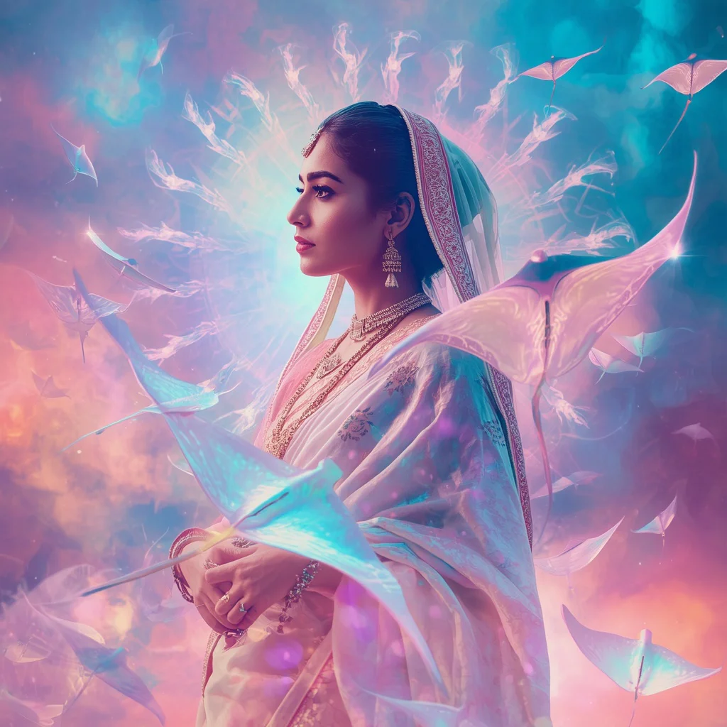 Festive Pastel Saree Holographic Nebula Stingray Collage Modern Cinematic | cute prompt for girls in saree in english — AI image prompt
