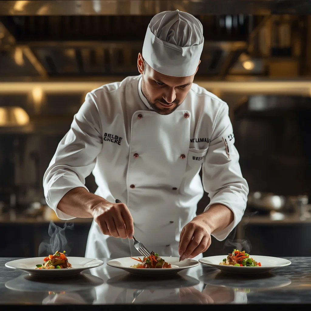 Male Chef Plating Dishes in Gourmet Kitchen with Steam | Men prompt generator aesthetic — AI image prompt