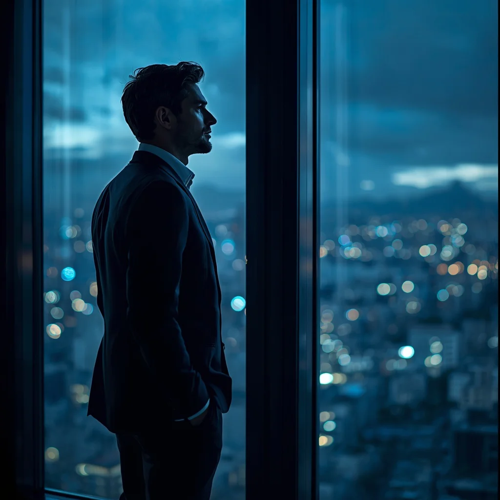 Man Abstract Cityscape Thoughtful Gaze Modern Architecture Reflection | ai video generator prompt — AI image prompt