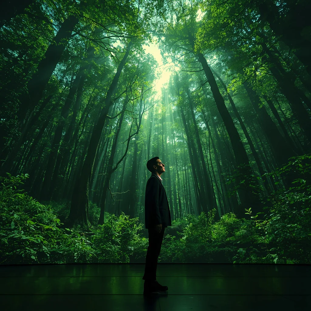 Man Contemplating Under Holographic Projection of Ancient Forest | Trending prompt for boys ChatGPT — AI image prompt