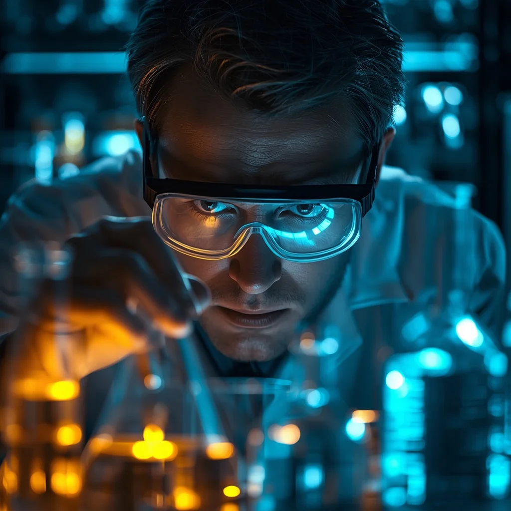 Man Scientist Laboratory Goggles Focused Experiment Glowing Fluids | Stylish boy prompt generator instagram — AI image prompt