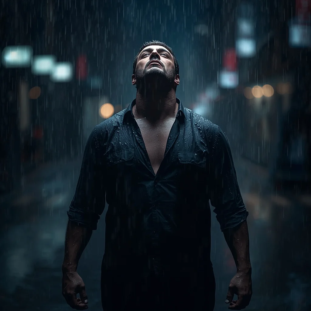Powerful Man Standing In Heavy Rain Emotional Masculine Intensity | Chatgpt photo editing prompts trending boy instagram — AI image prompt