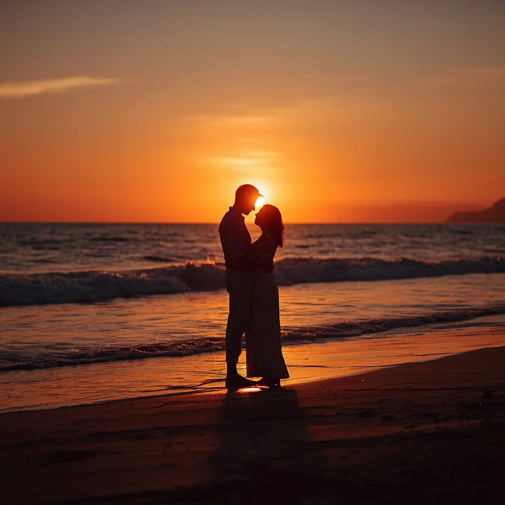 Romantic Couple Secluded Beach Sunset Embrace Tidal Serenity | Couple hug prompt for Gemini AI — AI image prompt