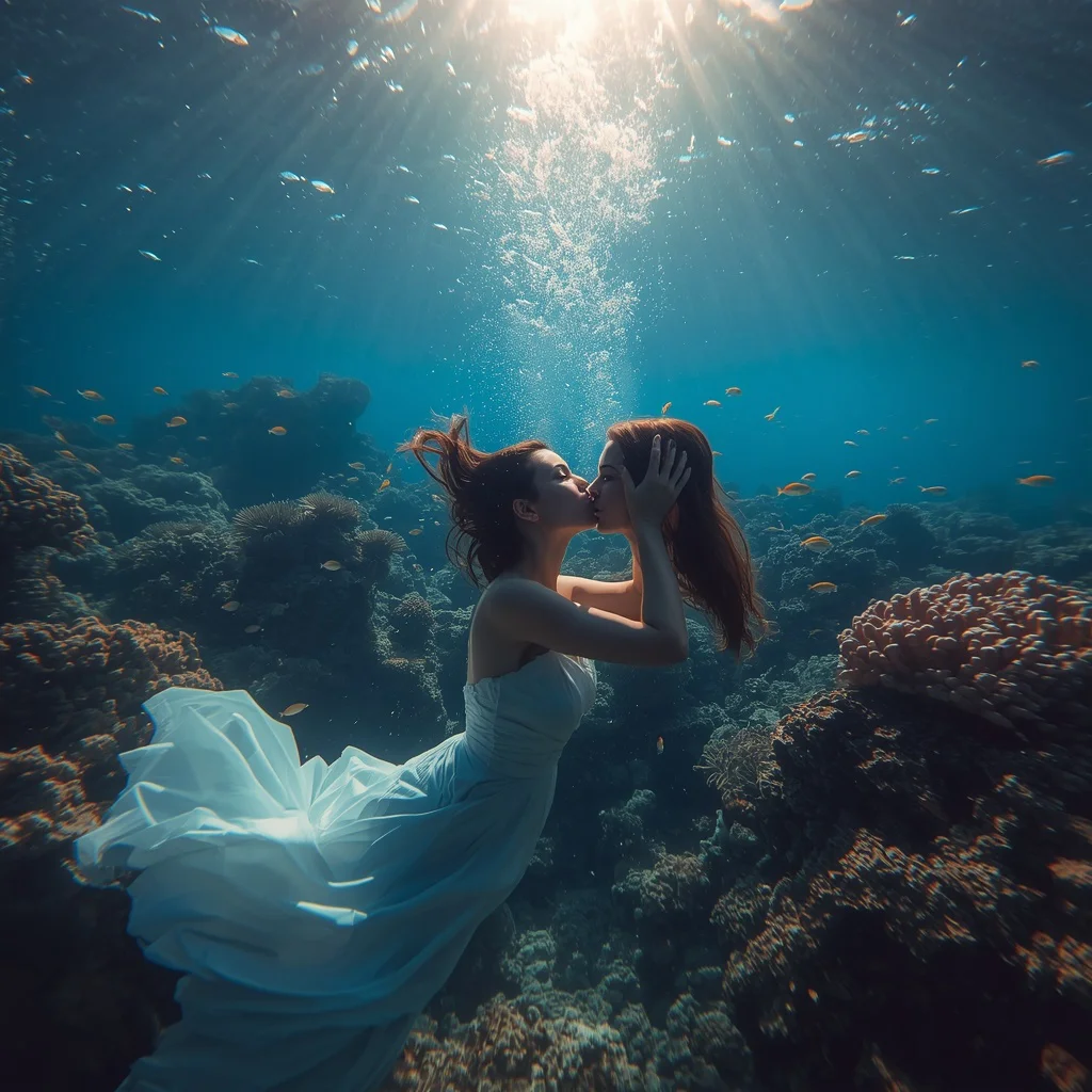 Romantic Couple Underwater Kiss Coral Reef Sunlight Depth | Couple romantic prompt for Gemini AI — AI image prompt
