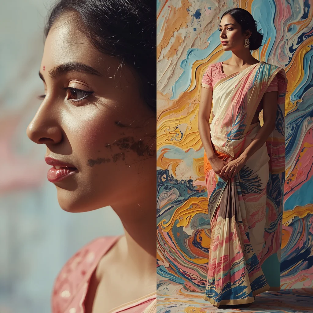 Woman in Pastel Saree Flowing Paint Waves Artistic Fusion | saree prompt for women pdf — AI image prompt