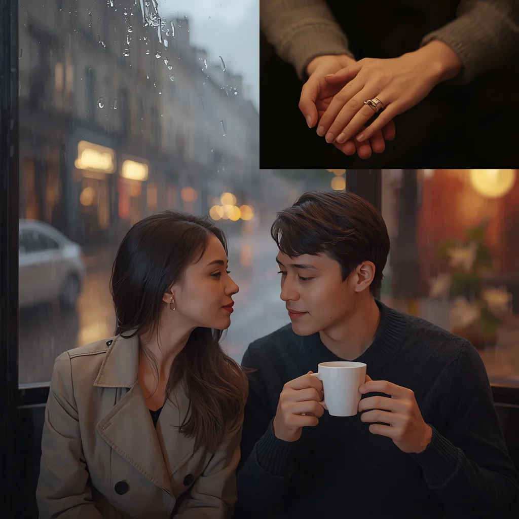 A Cozy Cafe Window Seat: A Couple's Rainy Day Reflection | Soft Romantic Digital — AI image prompt