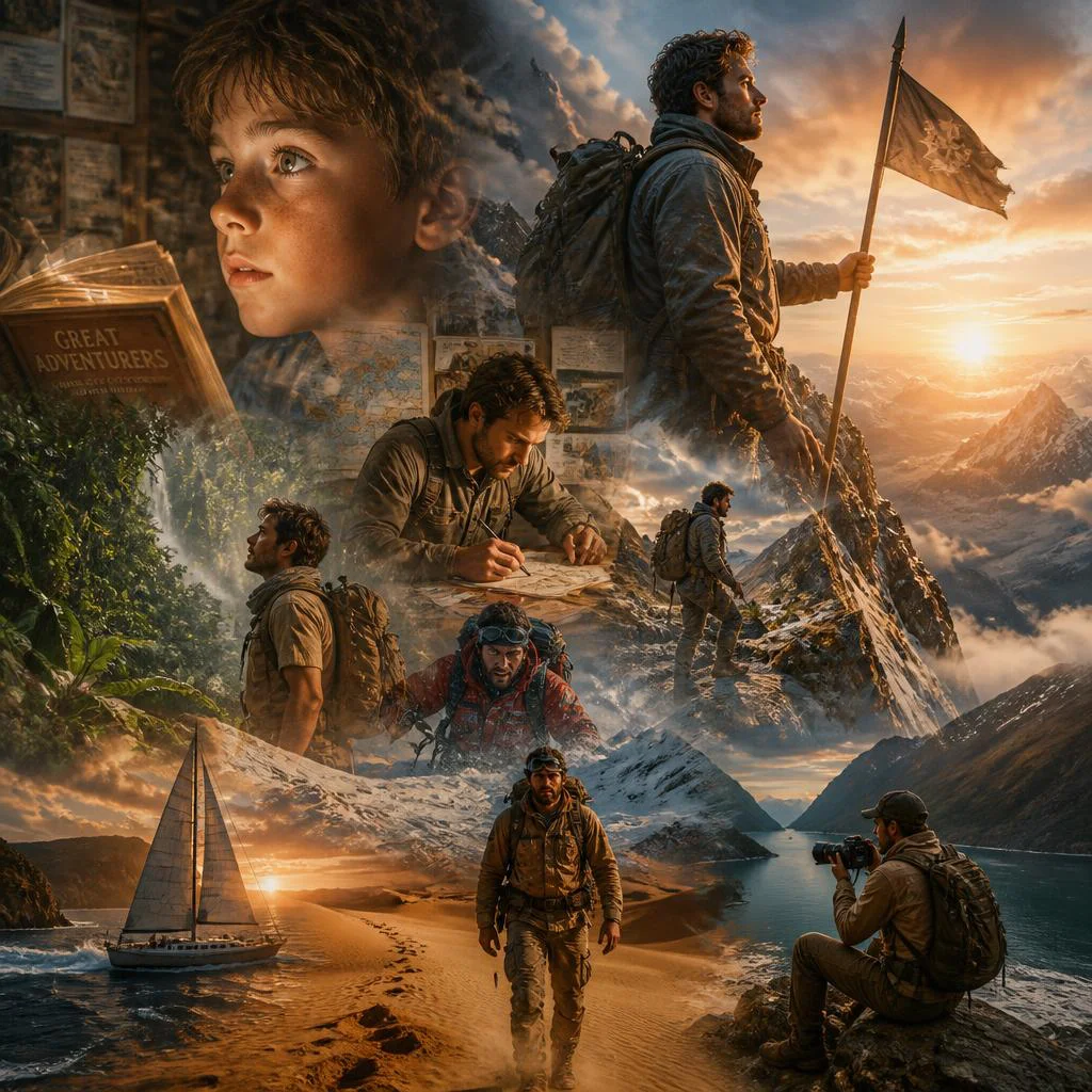 A Man's Journey of Adventure: From Childhood Dreams to Epic Expeditions | Exhilarating Narrative Timeline — AI image prompt