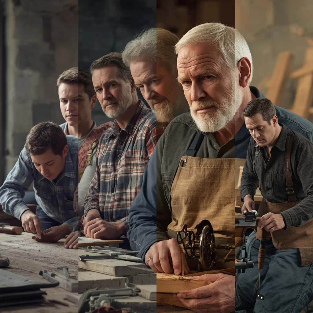 A Man's Journey of Craftsmanship: From Apprentice to Master Builder | Visualize Powerful Narrative — AI image prompt