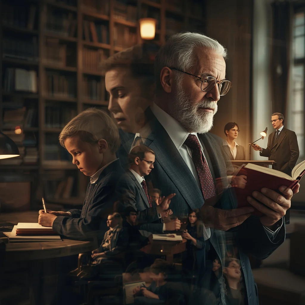 A Man's Journey of Learning: From Student to Sage, Through Books | Insightful Narrative Timeline — AI image prompt
