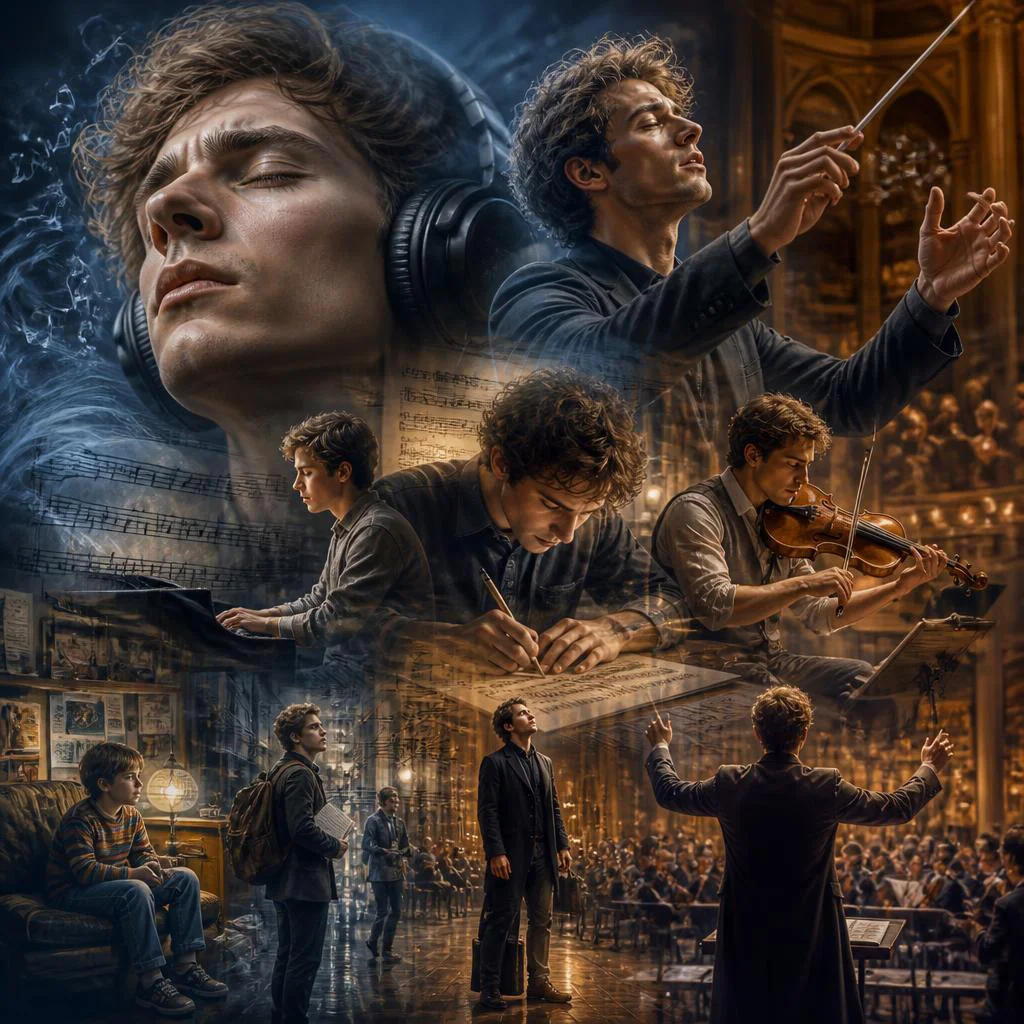 A Man's Love for Music: A Journey from Listener to Composer | Evocative Narrative Timeline — AI image prompt
