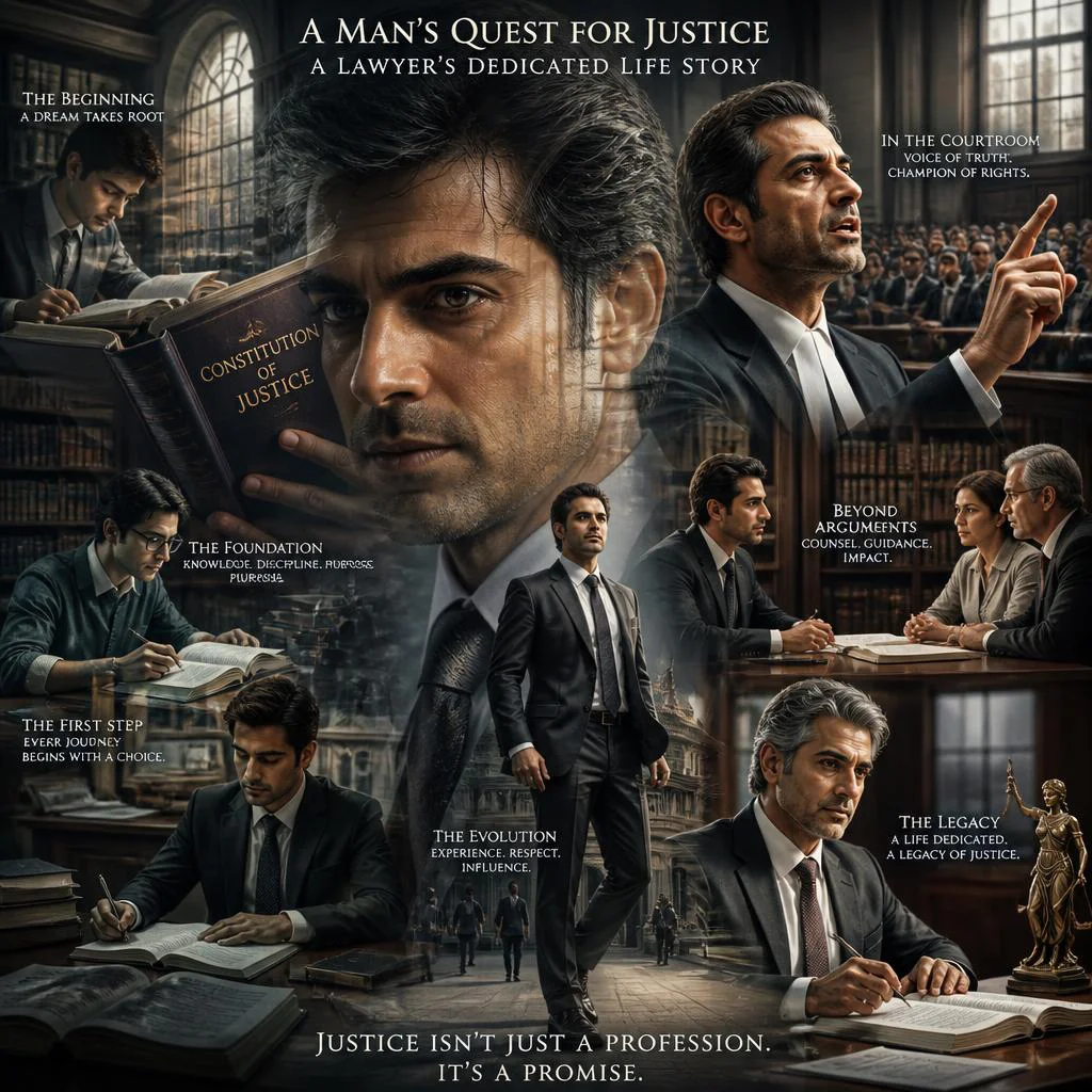 A Man's Quest for Justice: A Lawyer's Dedicated Life Story | Compelling Narrative Timeline — AI image prompt
