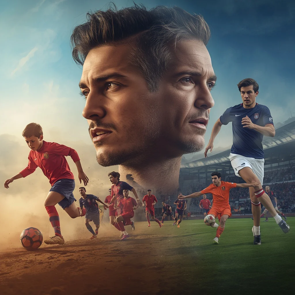 A Man's Sporting Life: From Backyard Games to Professional Arena | Visualize Energetic Timeline — AI image prompt