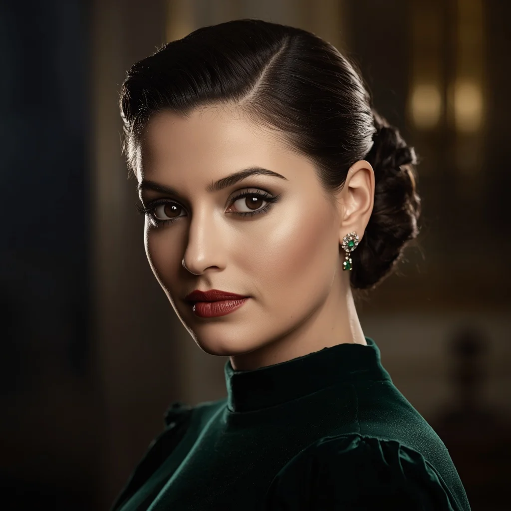 A Starlet's Regal Close-Up with Emerald Jewels | Regal Close-up Portrait — AI image prompt