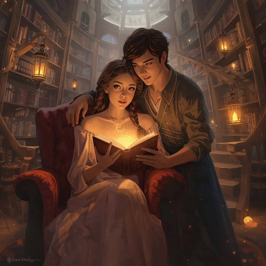 Aesthetic Fantasy Library: A Couple's Magical Read | Reference Exact Face — AI image prompt
