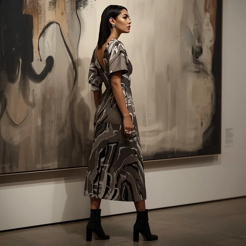 Art Gallery Opening Night: A Modern Avant-Garde Dress | Thought-provoking Stylish Woman — AI image prompt
