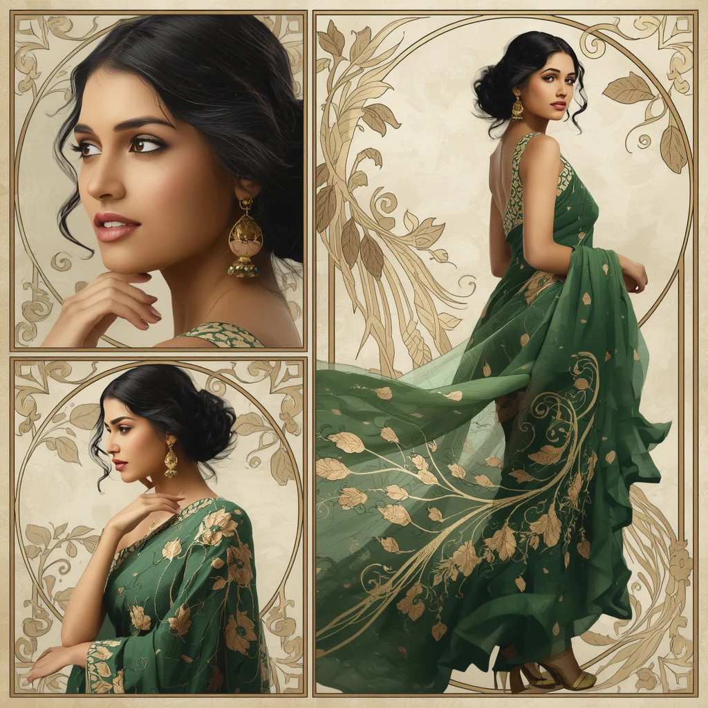Art Nouveau Motif Collage: Indian Woman with Organic, Flowing Lines | Exquisite Art Nouveau — AI image prompt