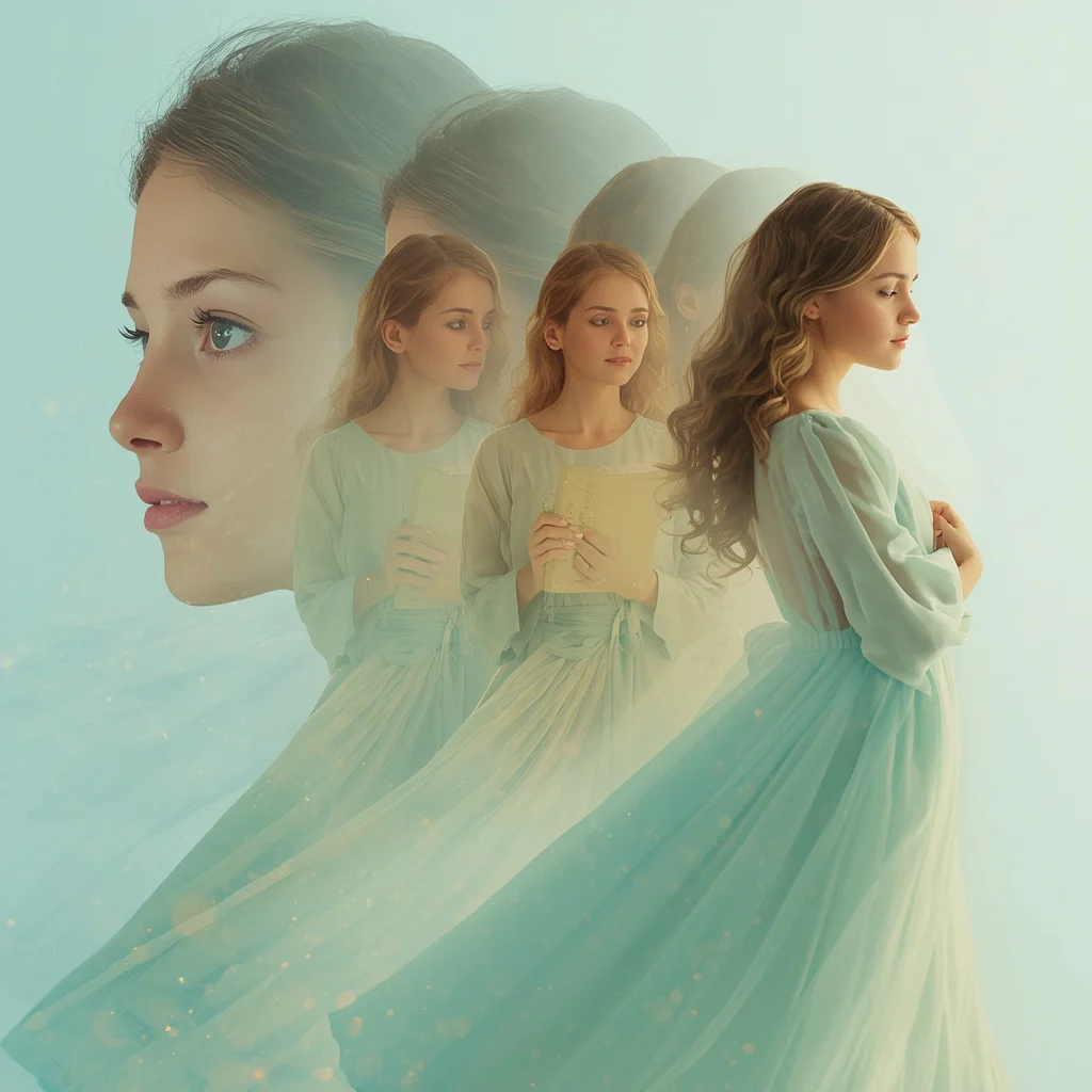 Artistic Self Discovery Journey Flowing In Aqua Pastel Silk | Artistic Narrative-driven Timeline — AI image prompt