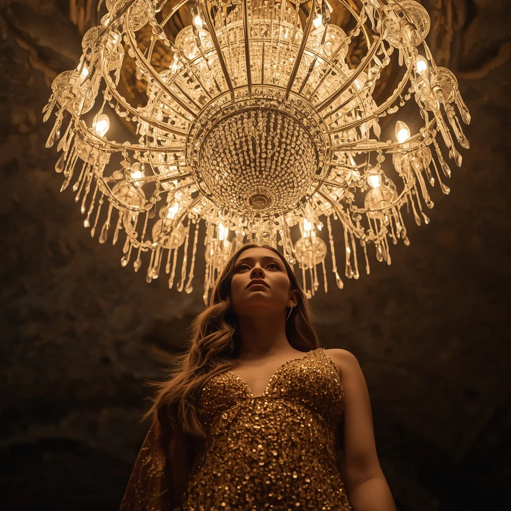 Beautiful Girl In Hollywood Glamour Dress Under Crystal Chandelier | Magnificent Low-angle Girl — AI image prompt