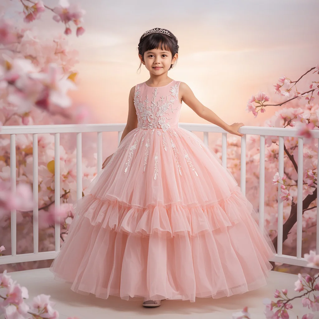 Beautiful Girl In Pastel Pink Organza Party Dress | Cute Young Girl — AI image prompt