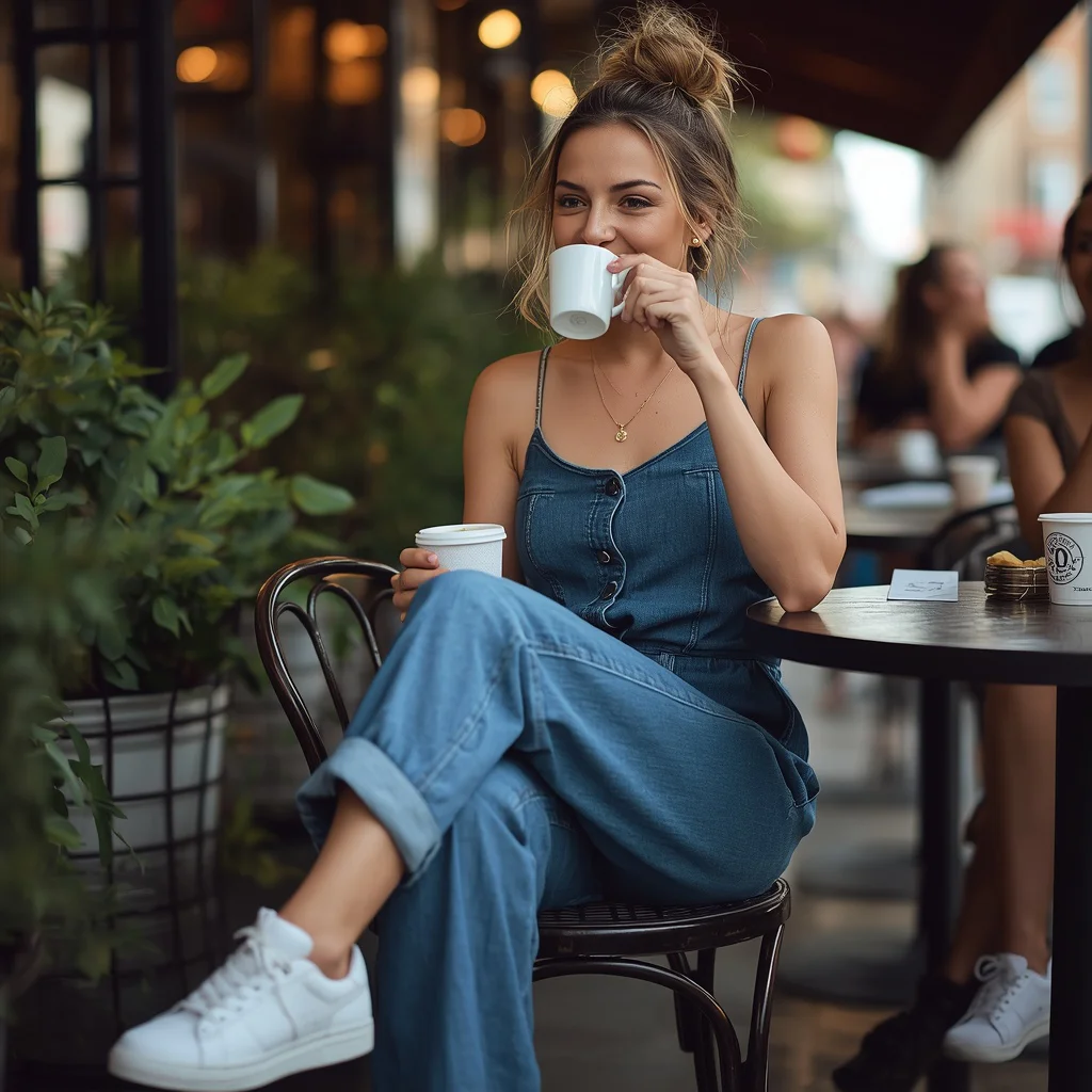 Casual Weekend Brunch: A Stylish Jumpsuit and Sneakers | Cheerful Relaxed Woman — AI image prompt
