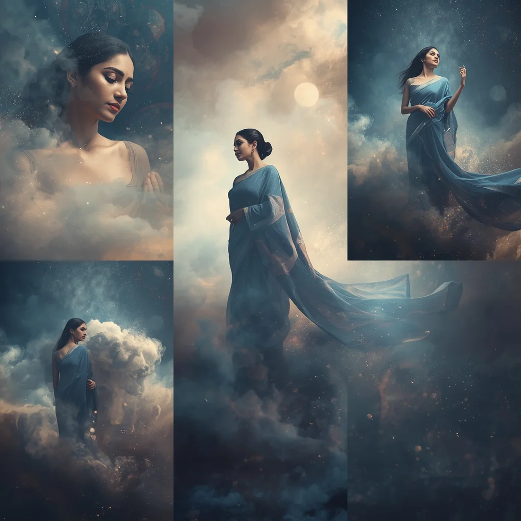 Cosmic Dust Cloud Collage: Indian Woman in Nebulous, Celestial Forms | Mesmerizing Cosmic Dust — AI image prompt