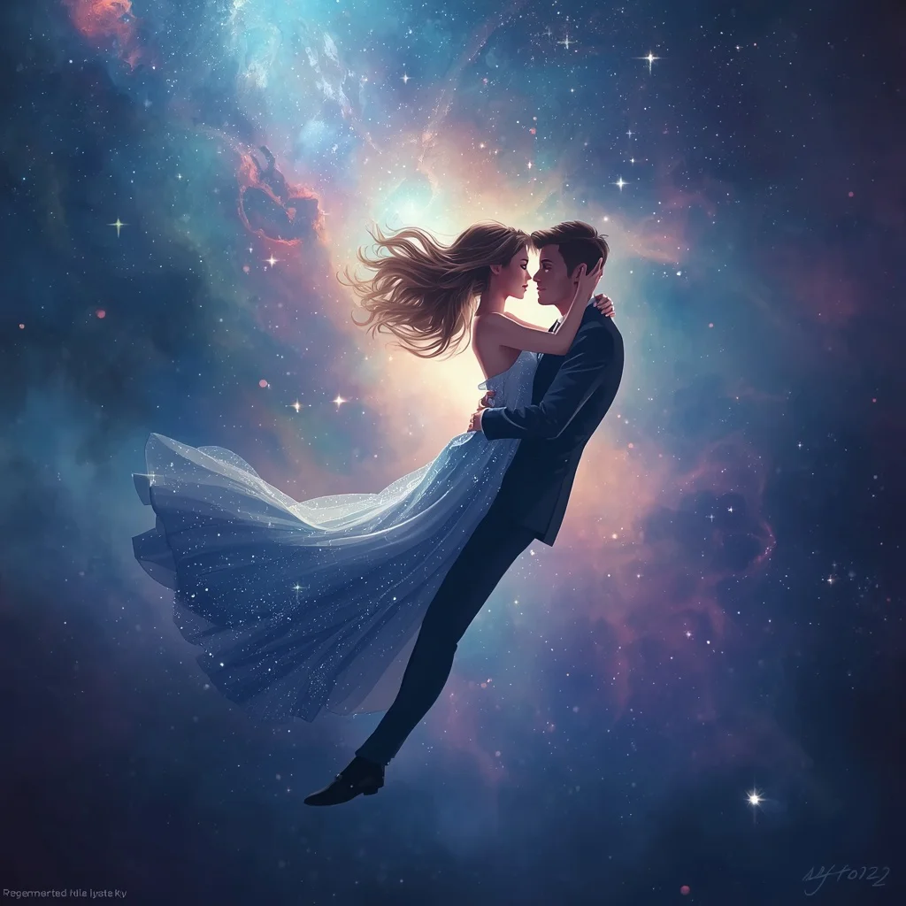Cosmic Love Story: A Stellar Couple's Embrace | Breathtaking Cosmic-themed Illustration — AI image prompt