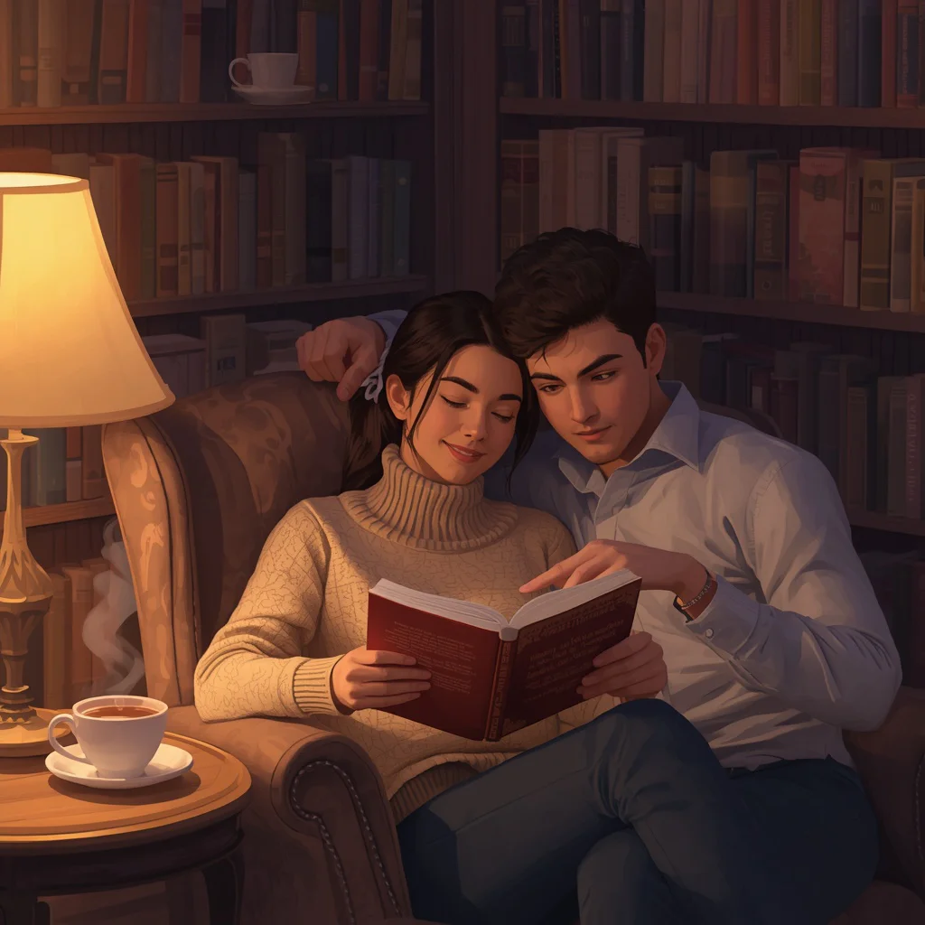 Cozy Bookstore Corner: A Serene Couple's Read | Cozy Bookstore Corner — AI image prompt