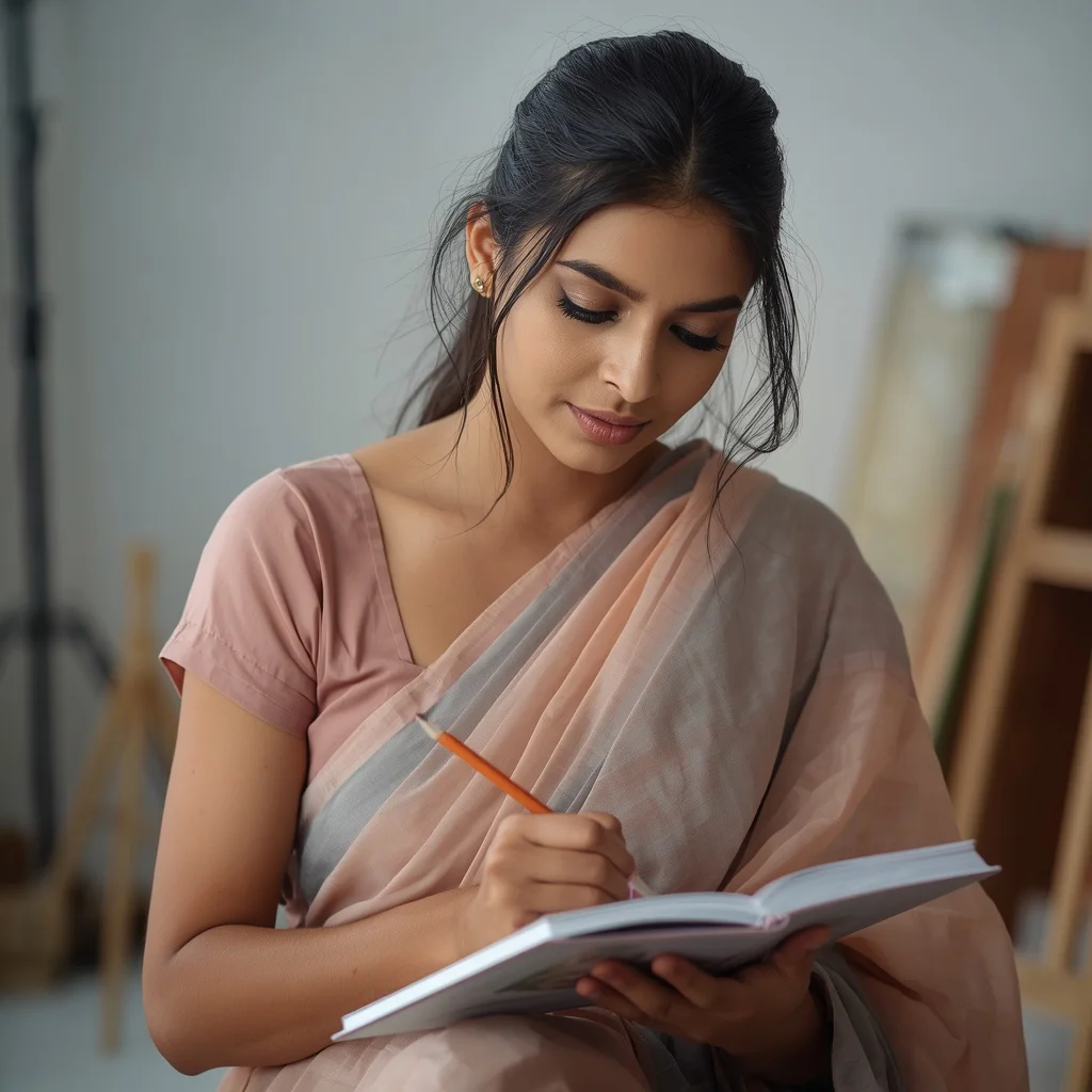 Creative Indian Woman Drawing in a Sketchbook, Pastel Studio Light | Creative Indian Woman — AI image prompt