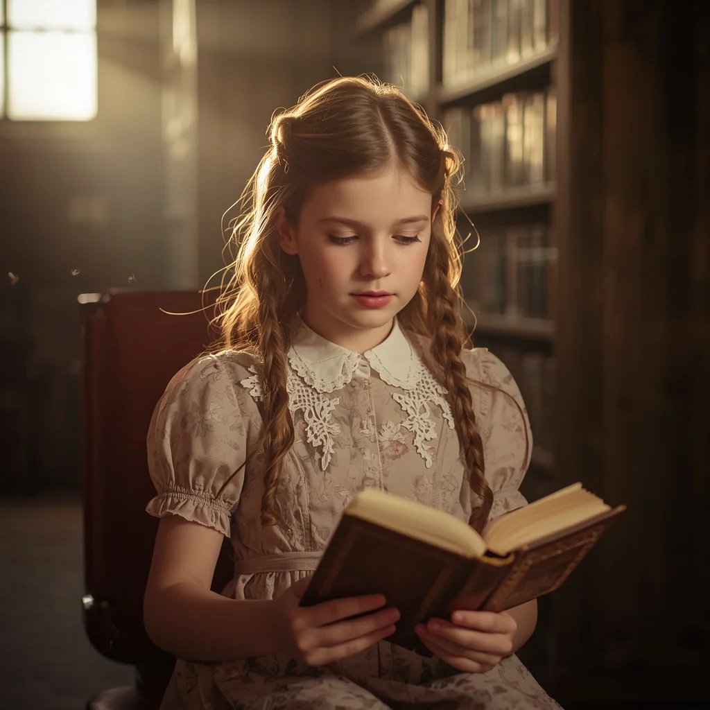 Cute Girl In Retro Vintage Western Dress In Old Library | Warm Nostalgic Portrait — AI image prompt