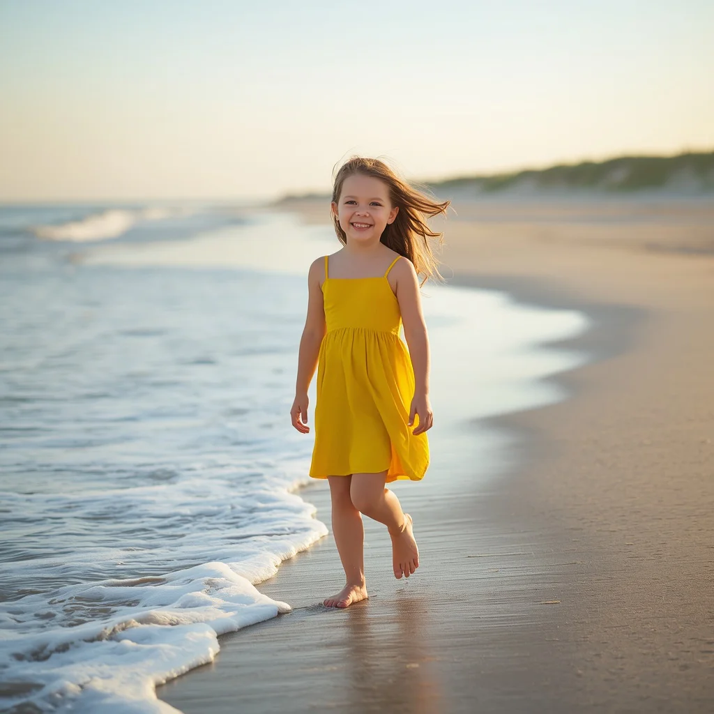 Cute Girl In Vibrant Summer Sun Dress On Sandy Beach | Bright Cheerful Cute — AI image prompt