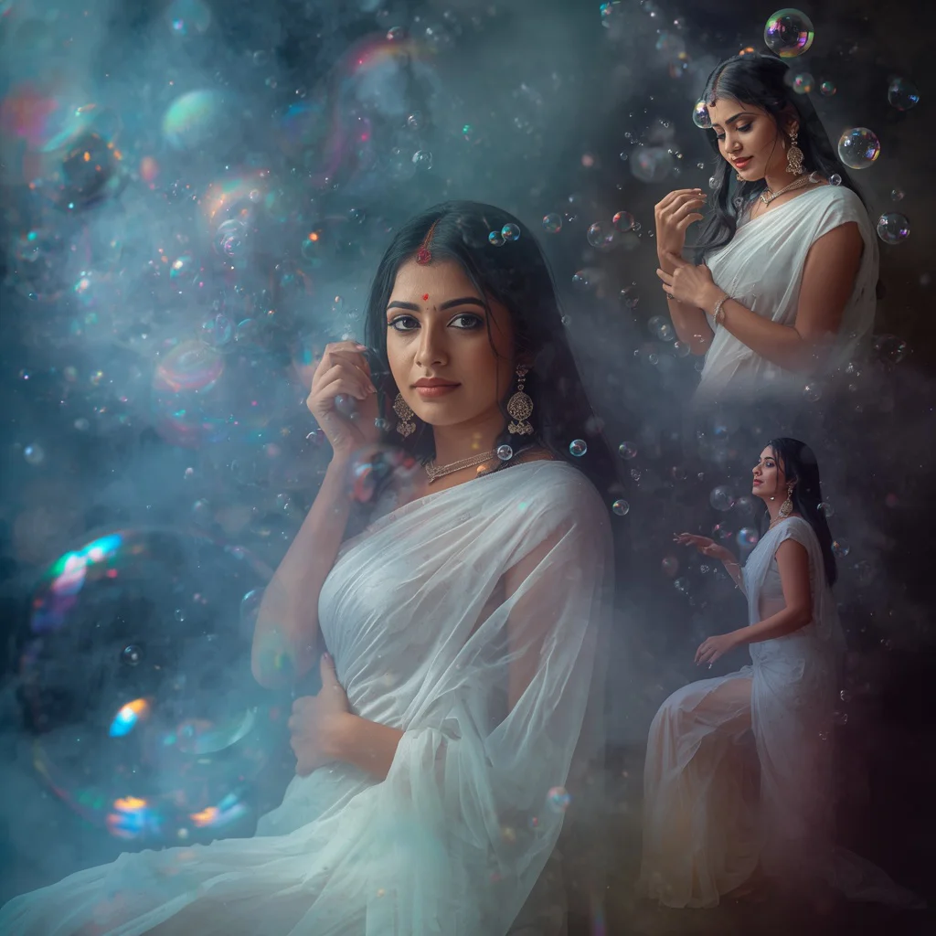 Dreamy Rainbow Bubble Collage: Indian Woman in Ethereal Floating Spheres | Dreamy Rainbow Bubble — AI image prompt