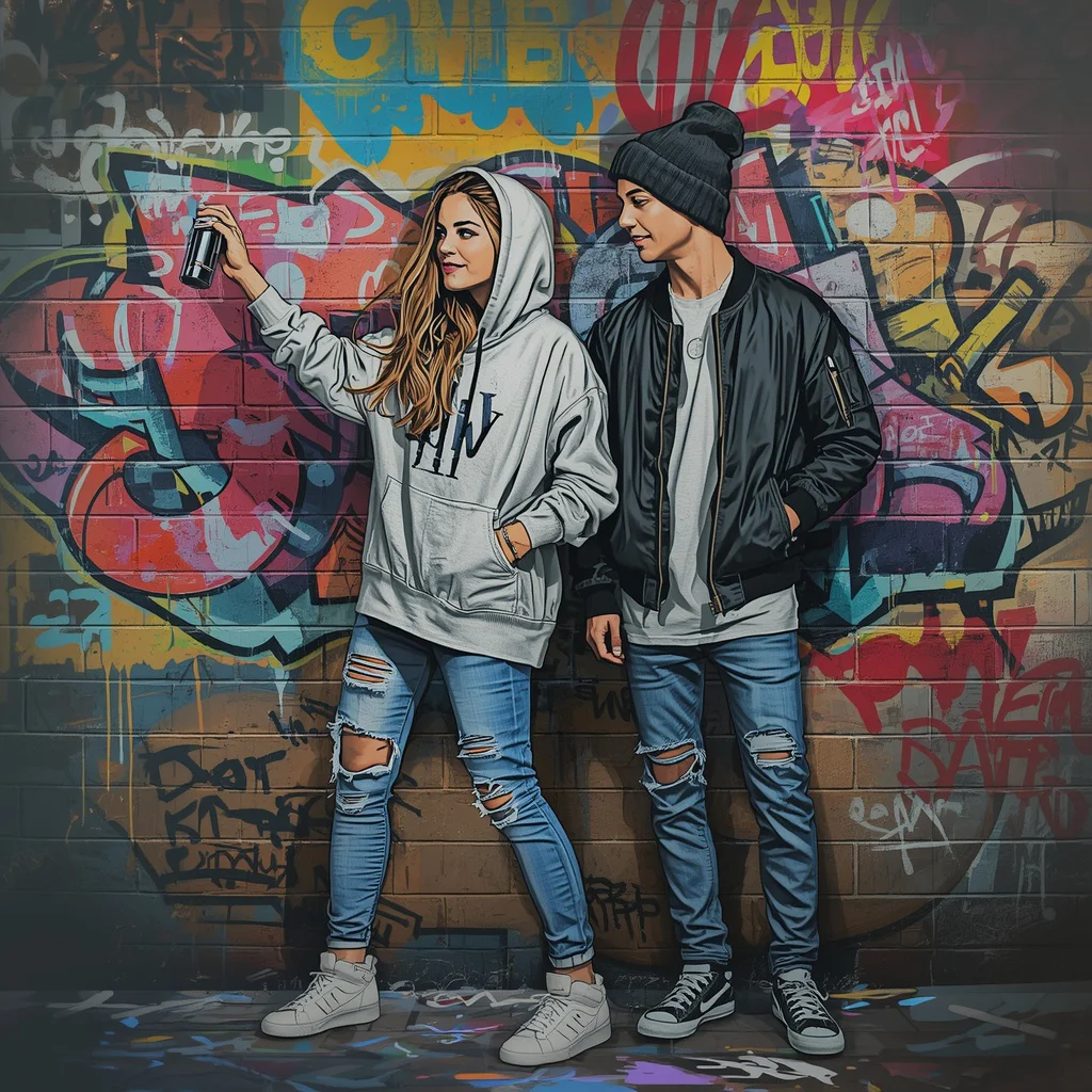 Dynamic Graffiti Art Style: Bold Couple's Urban Scene | Reference Exact Face — AI image prompt
