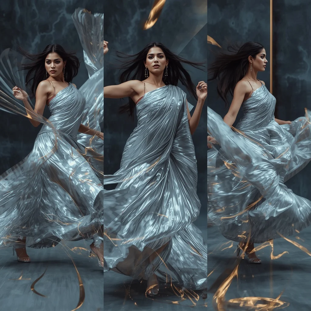 Dynamic Kinetic Collage: Indian Woman in Motion with Abstract Forms | Dynamic Kinetic Collage — AI image prompt
