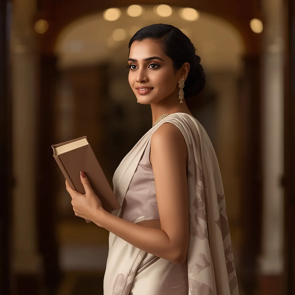 Elegant Indian Woman Holding a Book and Looking Away in Pastel | Elegant Indian Woman — AI image prompt