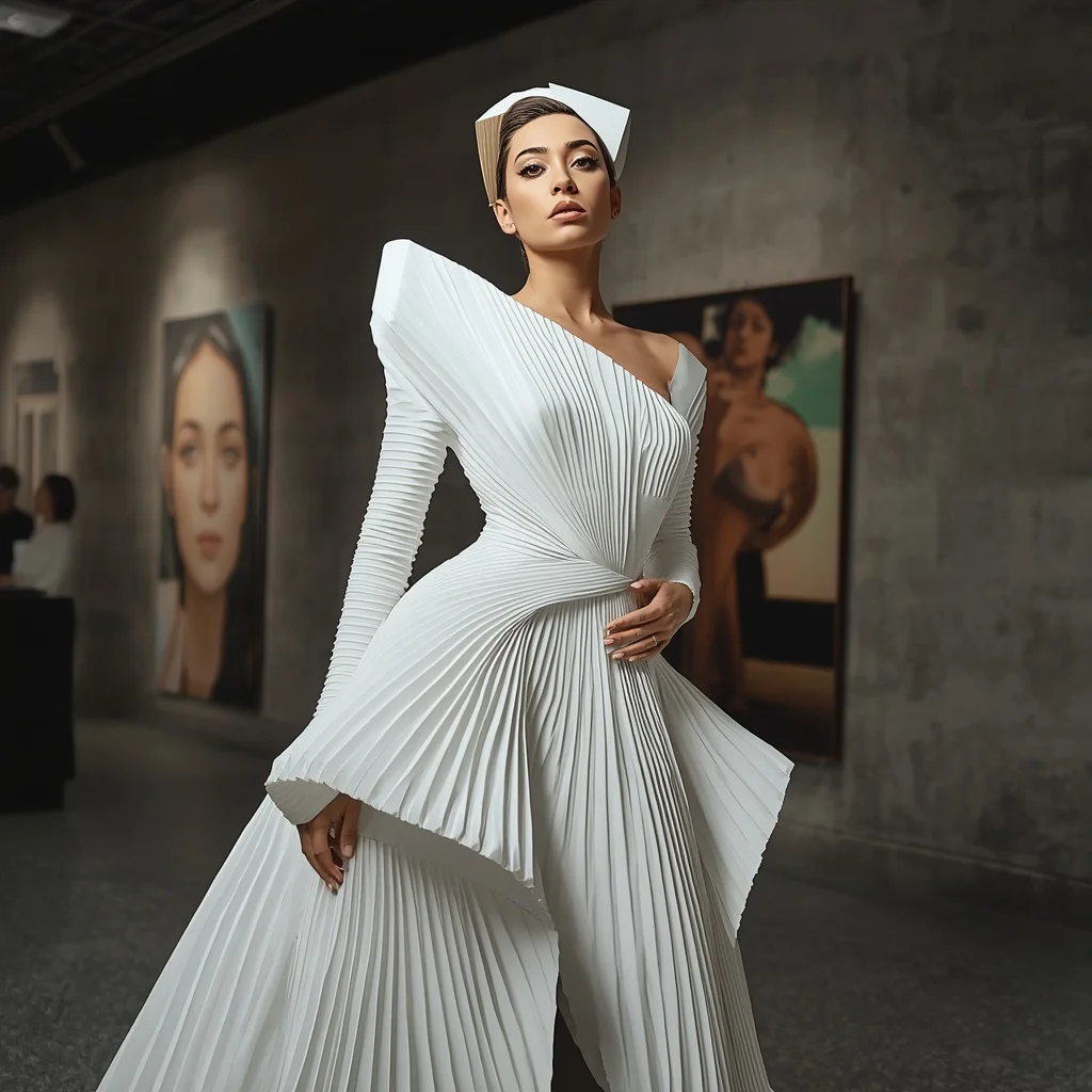 Elegant Museum Gala: A Sculptural White Gown | Striking Sophisticated Woman — AI image prompt