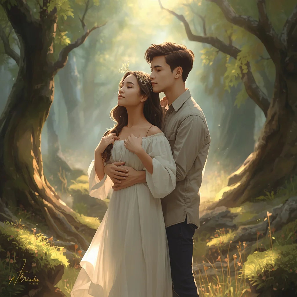 Ethereal Forest Embrace: A Dreamy Couple's Portrait | Reference Exact Face — AI image prompt