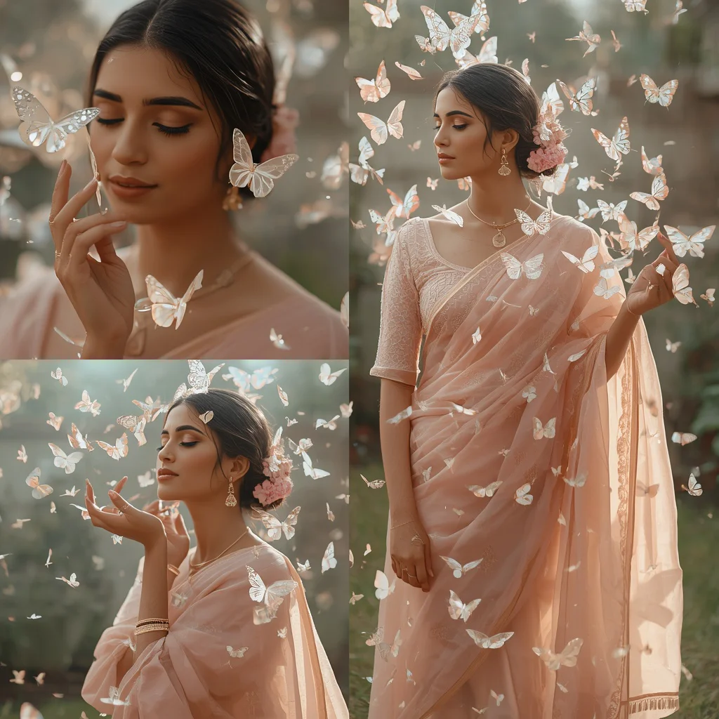 Ethereal Glass Butterfly Collage: Indian Woman in Delicate Winged Aura | Ethereal Glass Butterfly — AI image prompt
