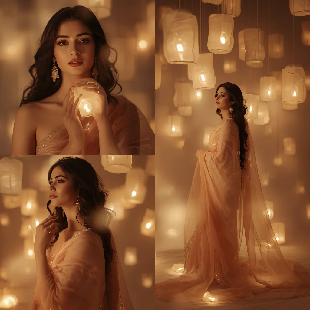 Ethereal Silk Lantern Glow Collage: Indian Woman in Dreamlike Illumination | Ethereal Silk Lantern — AI image prompt
