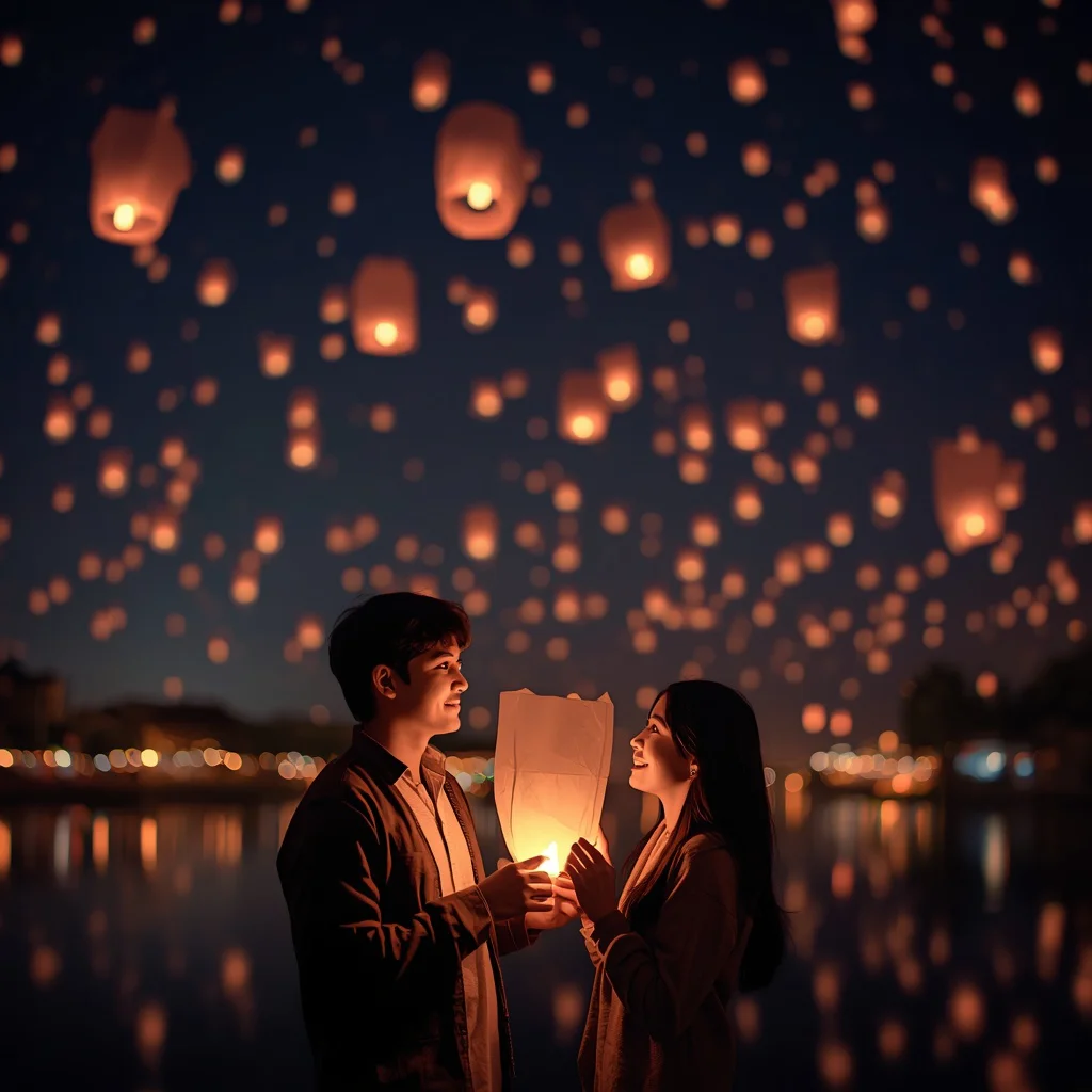 Floating Lantern Festival: Couple's Romantic Night Sky Moment | Uploaded Exact Facial — AI image prompt