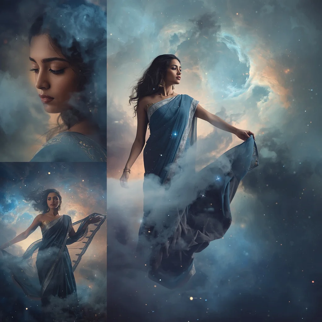 Floating Nebula Cloud Collage: Indian Woman in Cosmic Dreamscape | Mesmerizing Floating Nebula — AI image prompt