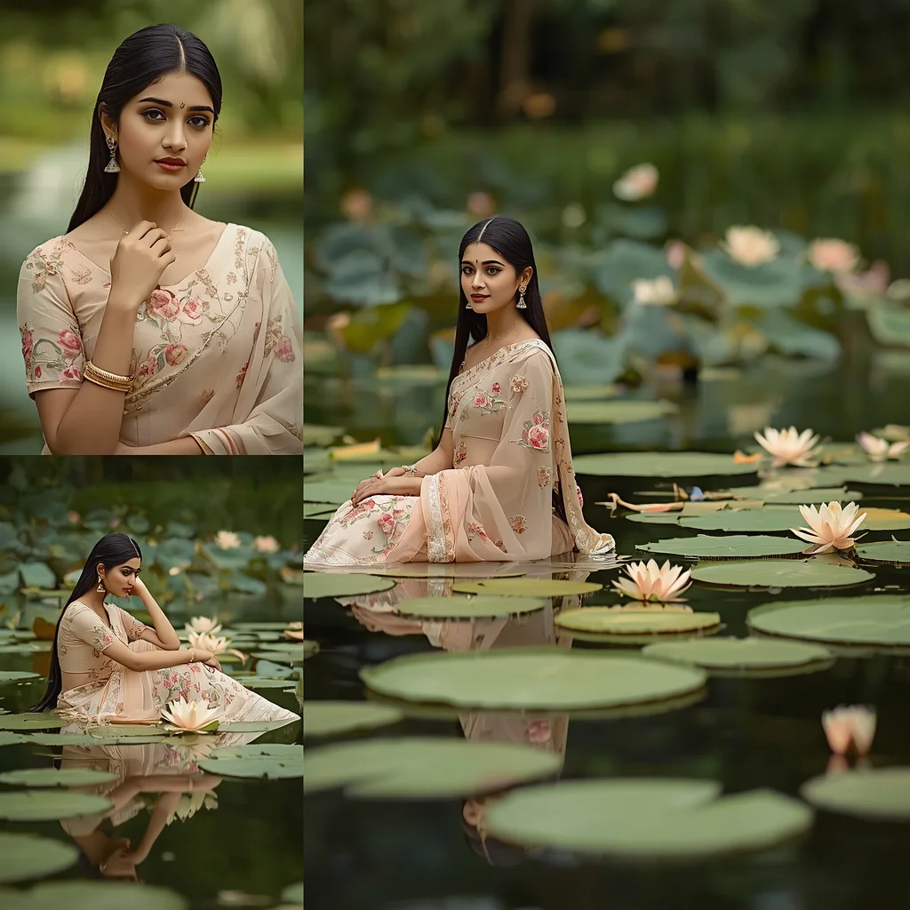 Floating Water Lily Pond Collage: Indian Woman in Tranquil Floral Beauty | Tranquil Floating Water — AI image prompt