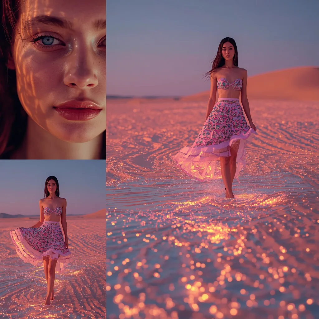 Futuristic Cyber Desert Pixels Reflecting Neon Western Dress Glamour | Futuristic Cinematic Collage — AI image prompt