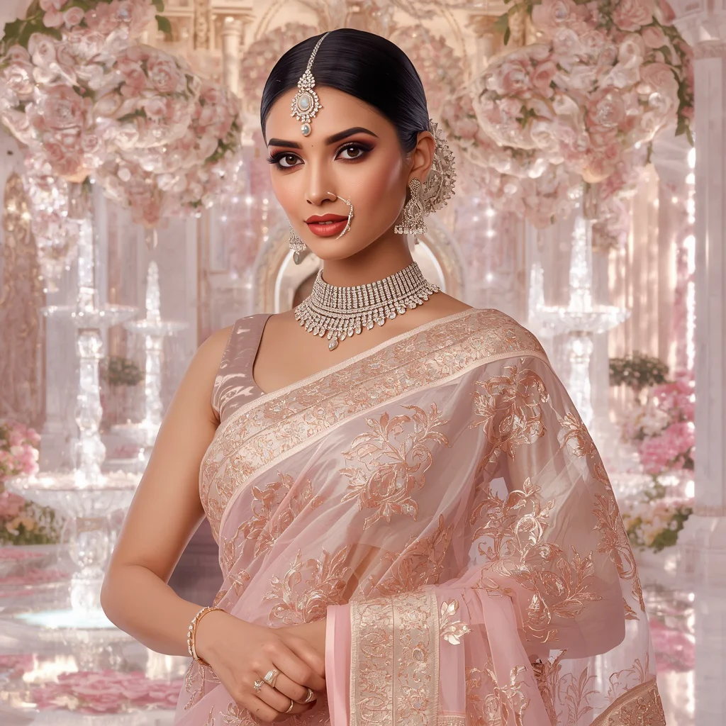 Glamorous Couture Collage: Indian Woman in Diamond Rosewater Palace | Glamorous Couture Collage — AI image prompt