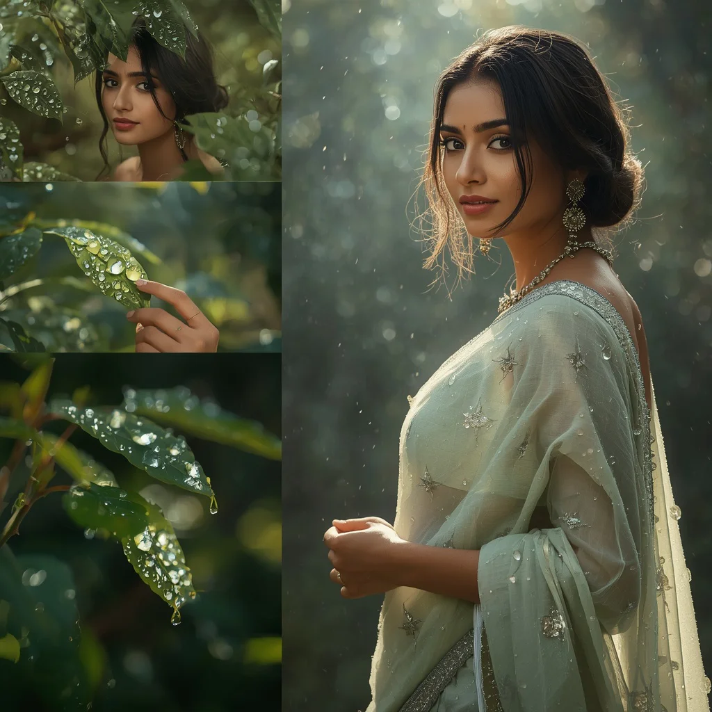 Glistening Dewdrop Forest Collage: Indian Woman in Sparkling Morning Light | Glistening Dewdrop Forest — AI image prompt