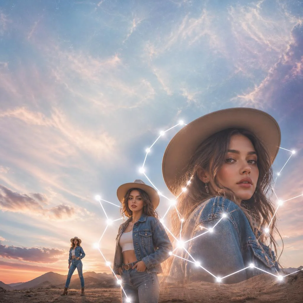 Glowing White Constellation Lines Frame Cute Girl In Western Outfit | Dreamy Crazy Next — AI image prompt