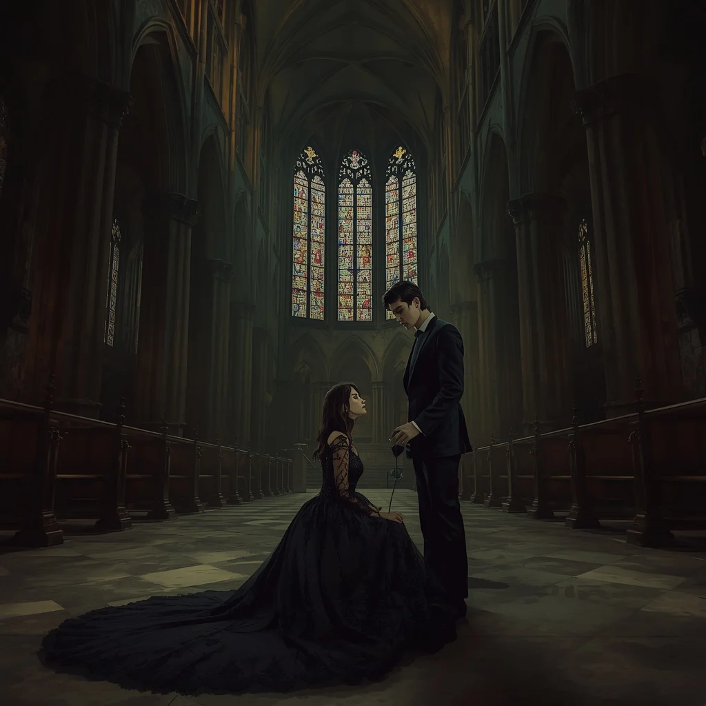Gothic Cathedral Romance: A Mysterious Couple's Vow | Reference Precise Face — AI image prompt