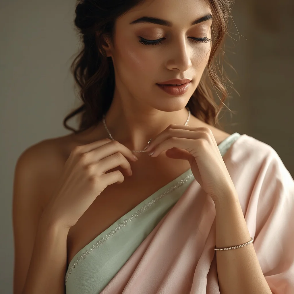 Graceful Indian Woman Adjusting Necklace in a Soft Pastel Saree | Graceful Indian Woman — AI image prompt