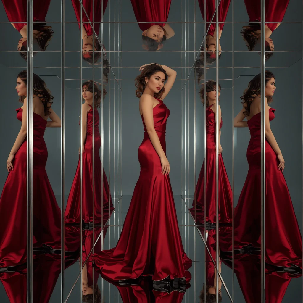 Hollywood Dress Of Crimson Silk Displayed In Glass Mirror Grid | Modern Luxury Collage — AI image prompt