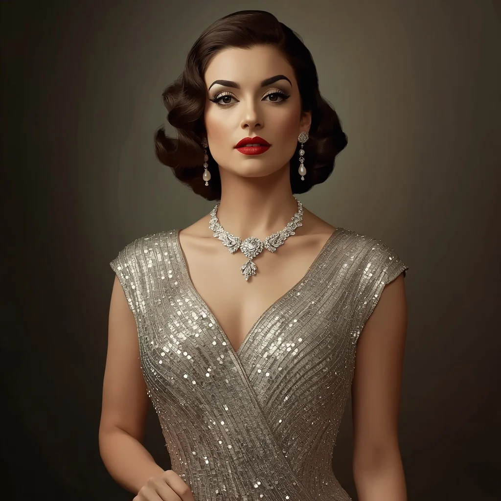 Hollywood Golden Age Glamour: A Regal Silver Sequin Gown | Magnificent Timeless Portrait — AI image prompt