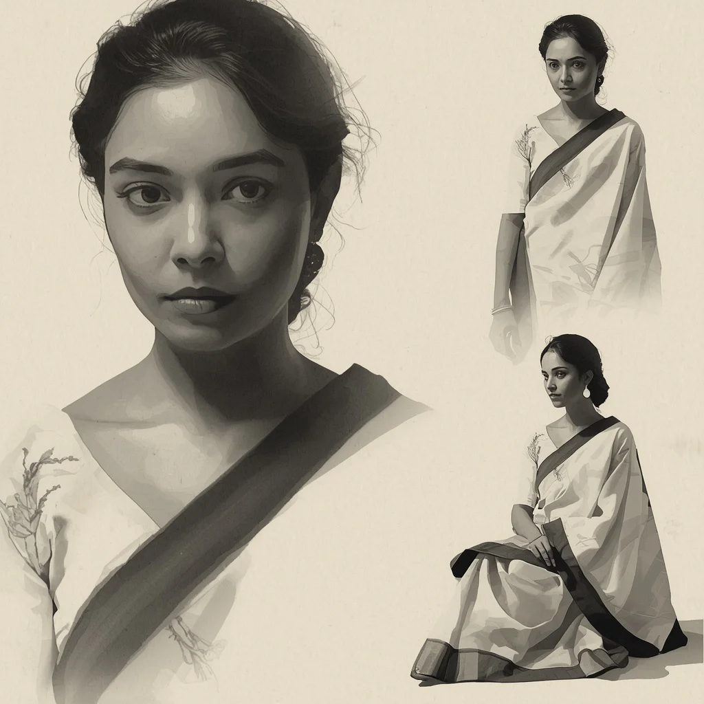 Ink Wash Painting Collage: Indian Woman in Traditional Monochrome Art | Serene Ink Wash — AI image prompt